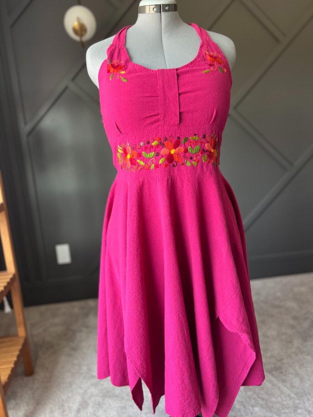 Unique embroidered linen-blend halter dress in berry